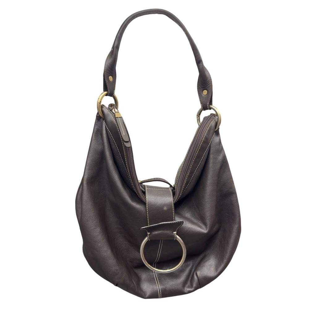 Puntotres Dark Brown Leather Hobo Shoulder Bag Made in Spain Ring Detail